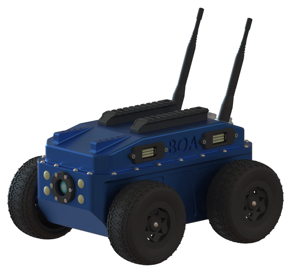 Rendu 3D du robot Boa de Sfynx Industry le plus petit robot de la gamme capable d’intervenir, d’inspecter… Dans des milieux étroit (canalisation, conduit…). Sa structure bleue robuste est à pour accessoire des phares ronds jaunes sont visibles à l’avant pour l’éclairage.