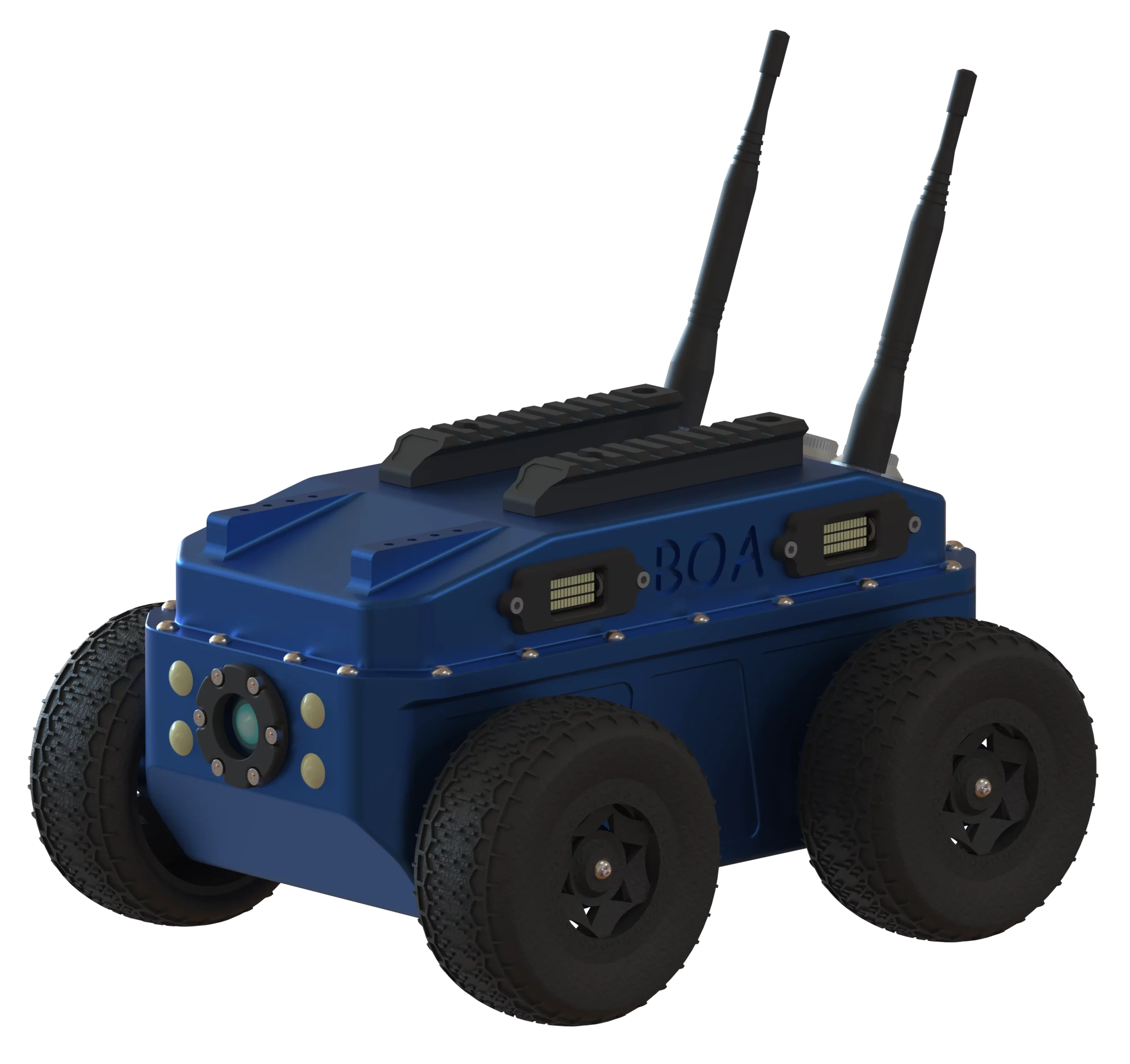Rendu 3D du robot Boa de Sfynx Industry le plus petit robot de la gamme capable d’intervenir, d’inspecter… Dans des milieux étroit (canalisation, conduit…). Sa structure bleue robuste est à pour accessoire des phares ronds jaunes sont visibles à l’avant pour l’éclairage.