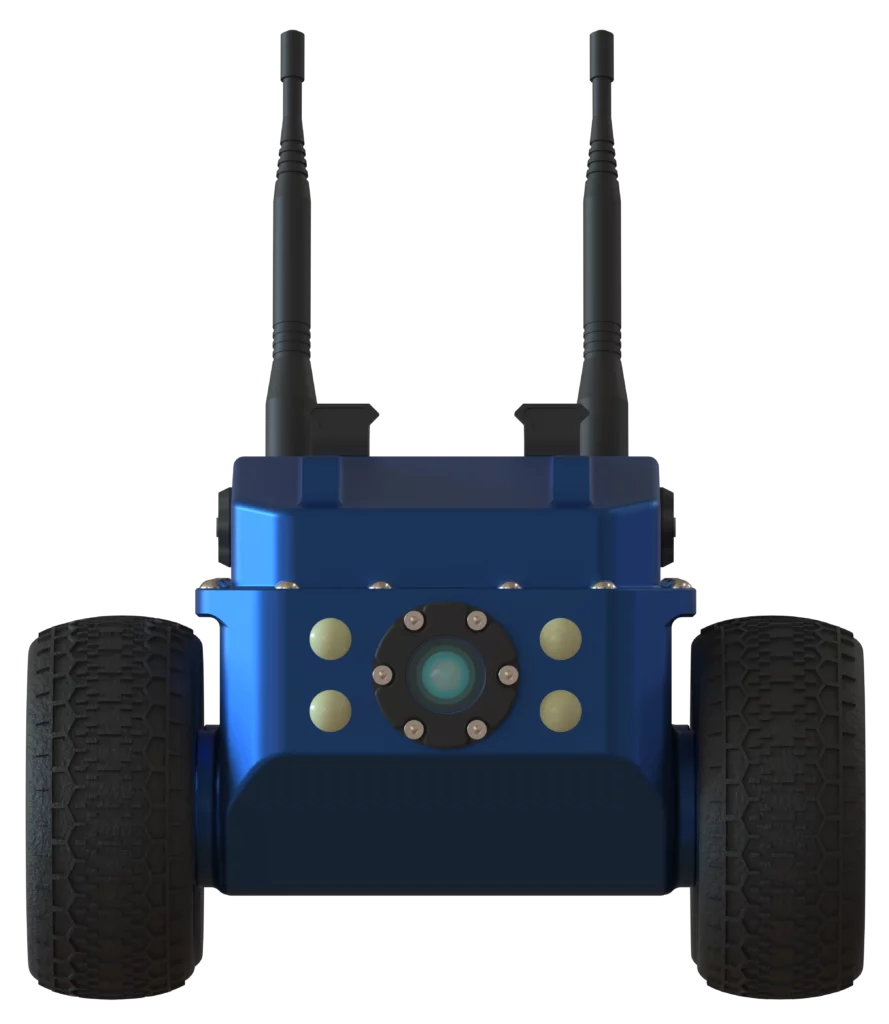 Rendu 3D du robot Boa de Sfynx Industry vu de face. On distingue clairement sa caméra centrale entourée de six capteurs circulaires, intégrée dans une coque bleue robuste. Les deux grandes roues offrent une excellente stabilité, tandis que les antennes situées à l’arrière assurent la transmission et le contrôle à distance. Ce petit robot compact est conçu pour explorer, inspecter et intervenir efficacement dans des environnements confinés.