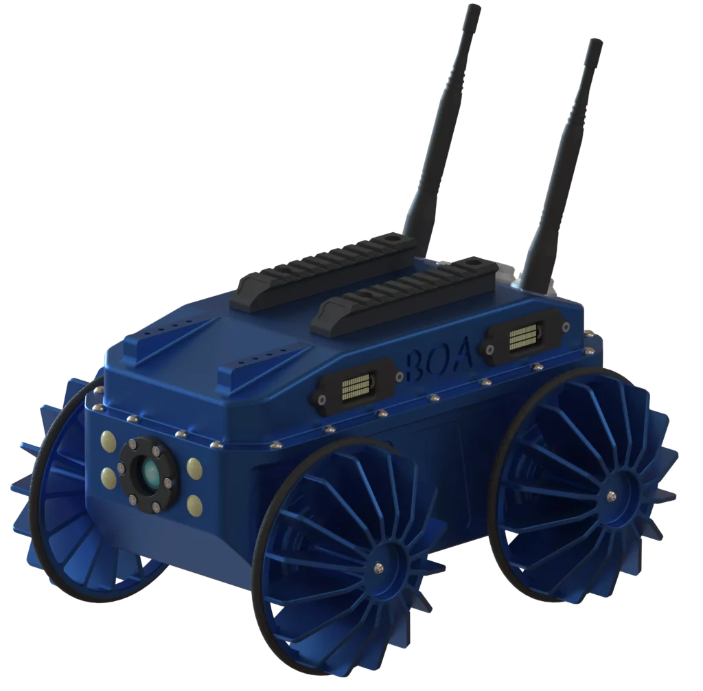 Rendu 3D du robot Boa de Sfynx Industry avec un système de roues spéciales à larges pales bleues, conçu pour améliorer l’adhérence sur les terrains complexes. Ce robot compact, reconnaissable à sa coque bleue robuste et ses deux antennes, conserve sa caméra frontale et ses capteurs lumineux. Cette configuration spécifique optimise ses capacités d’intervention dans des environnements irréguliers, glissants ou encombrés, tout en assurant stabilité et mobilité.