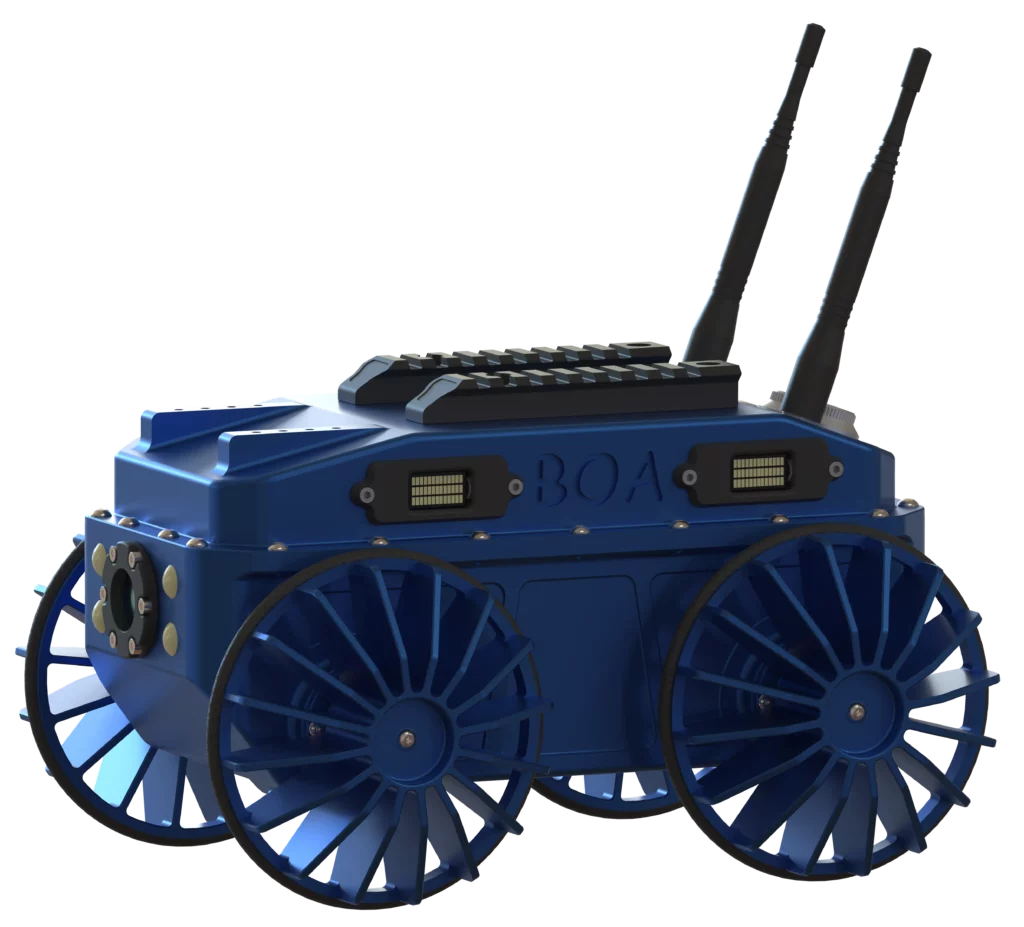 Rendu 3D du robot Boa de Sfynx Industry équipé de grandes roues bleues à pales radiales, conçues pour accroître la traction et la stabilité sur des surfaces complexes ou glissantes. La structure compacte du robot, de couleur bleue, intègre toujours ses phares latéraux, sa caméra frontale et ses antennes de communication. Ce modèle illustre une version optimisée du Boa, capable d’intervenir dans des environnements exigeants tout en conservant sa maniabilité et sa précision.