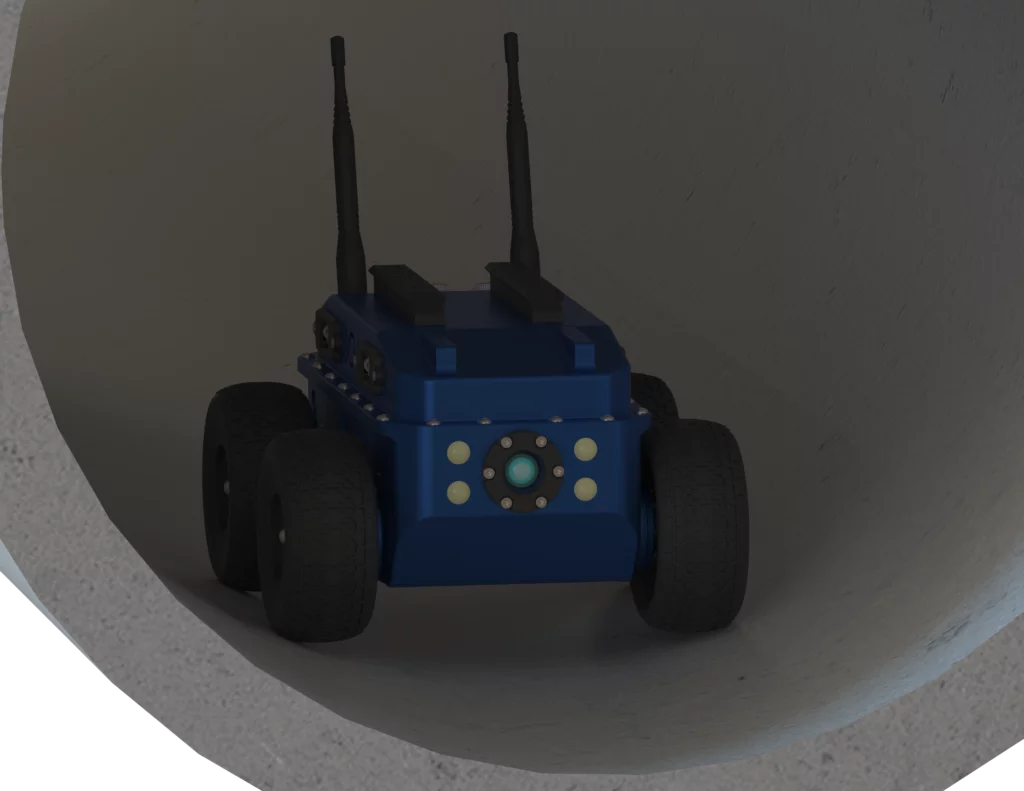Rendu 3D du robot Boa de Sfynx Industry évoluant à l’intérieur d’un conduit circulaire. Ce petit robot à quatre roues, de couleur bleue avec antennes noires, est conçu pour les missions d’inspection dans les environnements étroits comme les canalisations ou les tunnels. Sa caméra frontale et ses capteurs lumineux lui permettent d’analyser et de filmer son environnement avec précision, même dans des zones à faible luminosité.