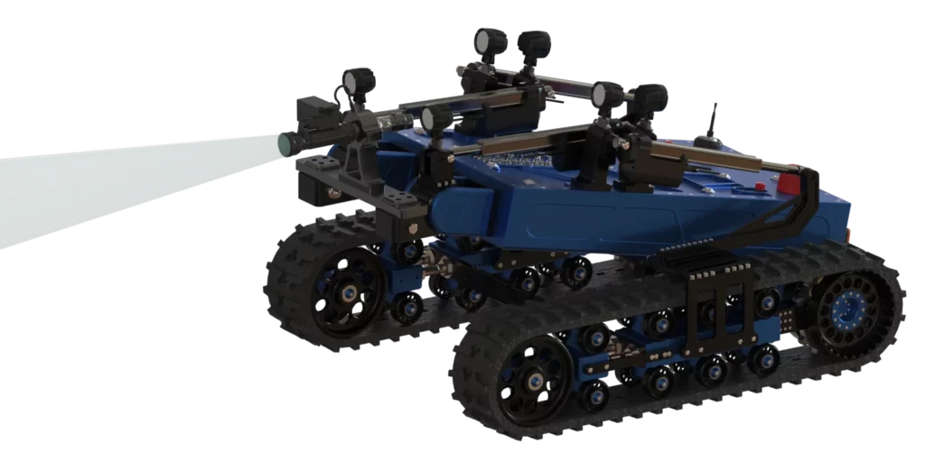 Ce rendu 3D présente le robot chenillé Algor de Sfynx Industry muni d’un canon à eau directionnel monté à l’avant. Le modèle illustre sa capacité à projeter un jet puissant pour des opérations de lutte contre l’incendie, de nettoyage industriel ou d’interventions en zones à risque. Le design robuste du châssis et les chenilles renforcées soulignent l’adaptabilité du robot à des environnements extrêmes et difficiles d’accès.