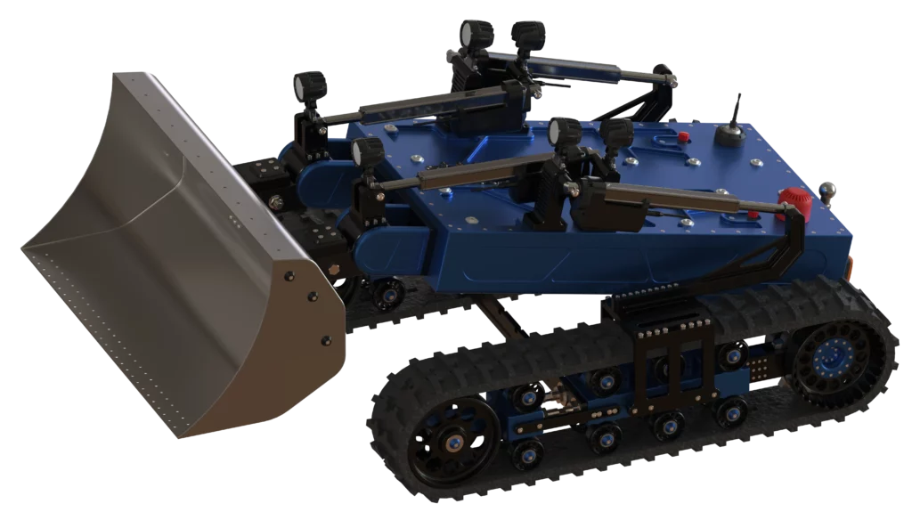 Ce rendu 3D illustre le robot chenillé Algor de Sfynx Industry doté d’un godet avant hydraulique. La conception robuste du système de levage et les bras articulés permettent au robot de manipuler, déplacer ou évacuer des matériaux en toute autonomie. Ce modèle démontre la polyvalence de la plateforme Algor, adaptée aux travaux de terrain, aux chantiers exigeants et aux opérations de maintenance industrielle.