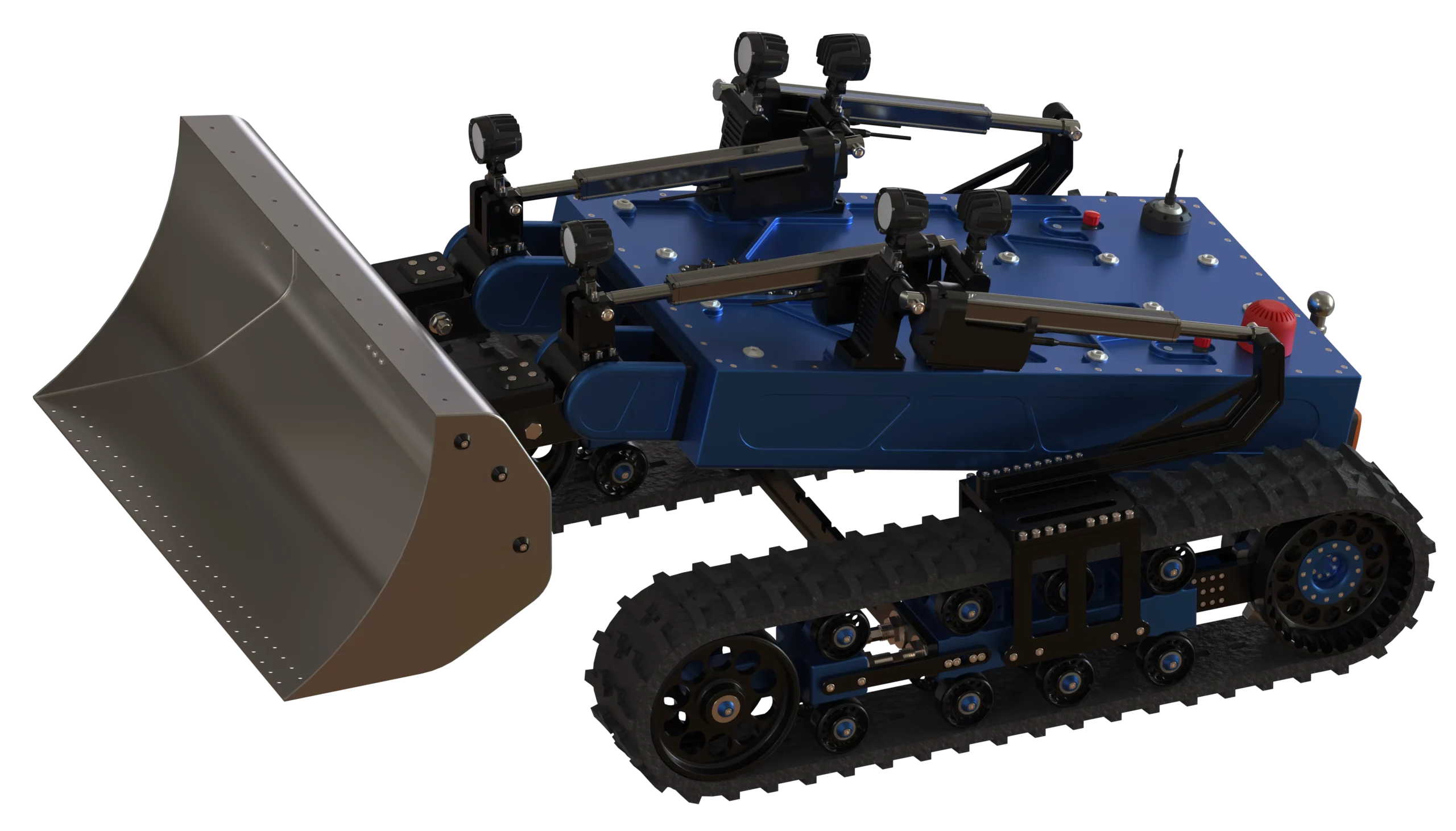 Ce rendu 3D illustre le robot chenillé Algor de Sfynx Industry doté d’un godet avant hydraulique. La conception robuste du système de levage et les bras articulés permettent au robot de manipuler, déplacer ou évacuer des matériaux en toute autonomie. Ce modèle démontre la polyvalence de la plateforme Algor, adaptée aux travaux de terrain, aux chantiers exigeants et aux opérations de maintenance industrielle.