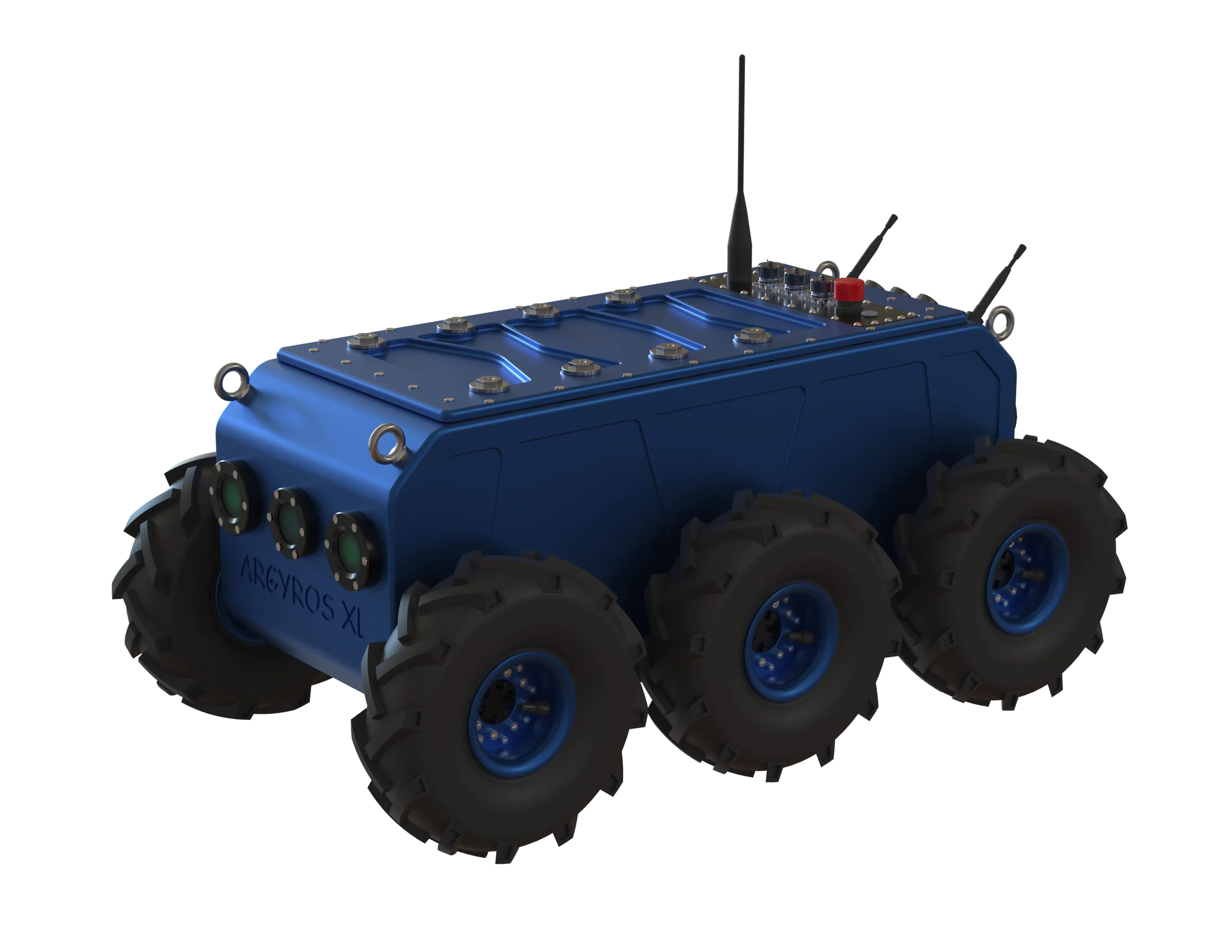 Rendu 3D du robot Argyros XL développé par Sfynx Industry, équipé de six roues à larges pneus crantés pour une adhérence maximale sur terrains accidentés. Son châssis bleu métallisé est compact, hermétique et renforcé, avec trois capteurs frontaux intégrés pour la détection et la navigation autonome. Sur la partie supérieure, on distingue des antennes, un bouton d’arrêt d’urgence et plusieurs connecteurs industriels, soulignant son orientation vers des missions robustes de surveillance, de transport ou d’intervention en environnements difficiles.