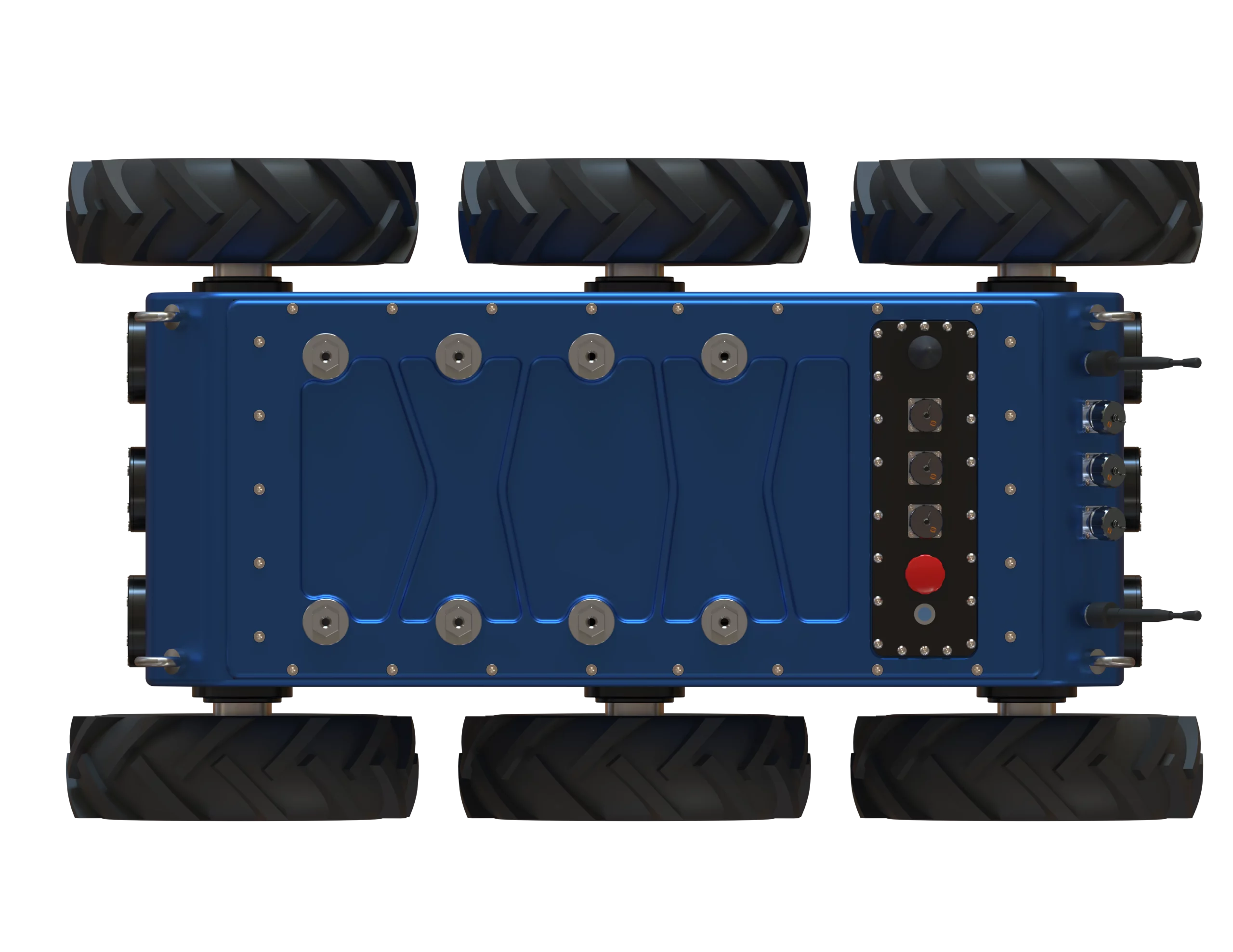 Rendu 3D vu de dessus du robot Argyros XL conçu par Sfynx Industry. L’image met en évidence la structure symétrique à six roues du robot, chacune équipée de pneus larges à rainures profondes. Le châssis bleu présente des plaques vissées et une zone technique noire sur l’arrière comportant plusieurs connecteurs, une antenne et un bouton d’arrêt d’urgence rouge. Cette configuration illustre la conception modulaire et industrielle du robot, pensée pour la robustesse, la maintenance facilitée et les missions sur terrain difficile.