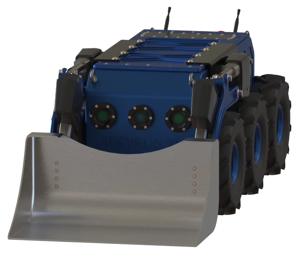 Rendu 3D latéral du robot Argyros XL conçu par Sfynx Industry, équipé d’un godet avant motorisé. Le robot à six roues massives présente une carrosserie bleue et un système de levage à vérins hydrauliques permettant de manœuvrer le godet métallique. Cette vue de profil met en évidence la structure compacte et la robustesse mécanique du modèle, conçu pour le transport, le terrassement ou la manutention de matériaux lourds dans des environnements industriels ou difficiles d’accès.