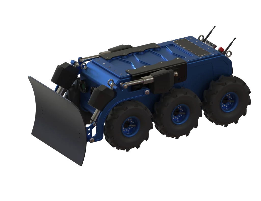 Rendu 3D du robot Argyros XL de Sfynx Industry, équipé d’une large lame avant fixée sur un système hydraulique à double vérin. Le robot, à six roues tout-terrain, présente un châssis bleu métallique renforcé et des pneus à crampons adaptés aux environnements difficiles. Cette configuration illustre la version du robot dotée d’un équipement de type bulldozer, conçu pour pousser, niveler ou dégager des surfaces dans des zones industrielles, de secours ou de construction.