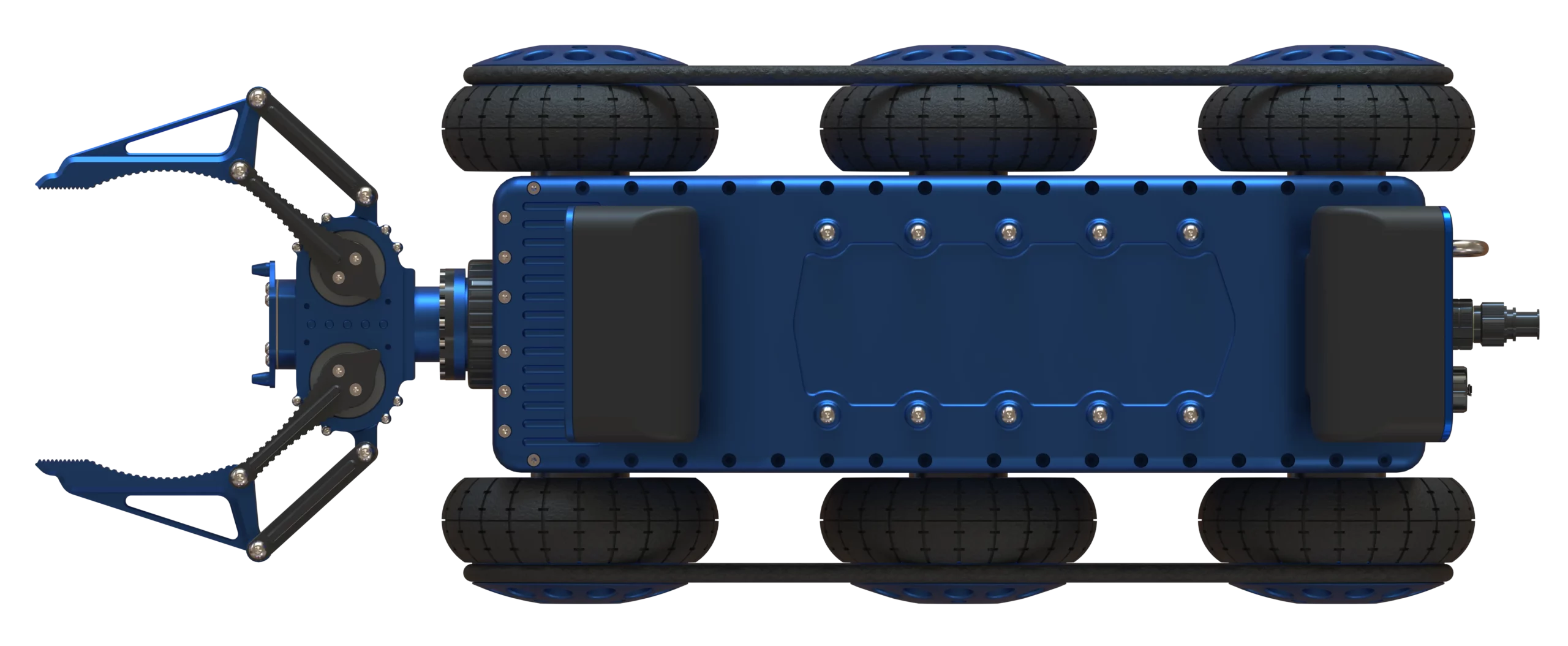 Rendu 3D du robot Argyros conçu par Sfynx Industry, présenté en vue du dessus. Le modèle met en évidence sa structure à six roues motrices, sa carrosserie en alliage bleu anodisé et sa pince frontale à double articulation. Ce design met l’accent sur la précision mécanique, la symétrie de la plateforme et la capacité du robot à effectuer des manipulations fines ou de prélèvement dans des environnements complexes.