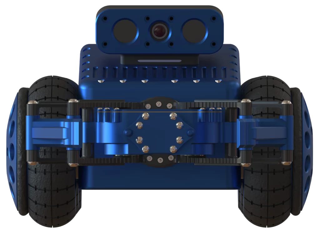 Ce rendu 3D présente le robot Argyros de Sfynx Industry vu de face. On distingue clairement sa pince mécanique avant à double articulation, ses capteurs optiques et caméra centrale intégrés sur le module supérieur, ainsi que ses roues motrices à structure renforcée. Ce design illustre l’alliance entre robustesse industrielle et précision robotique, idéale pour la navigation autonome, la détection d’obstacles et la manipulation d’objets.