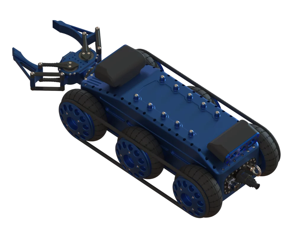 Ce rendu 3D montre le robot Argyros de Sfynx Industry sous un angle arrière isométrique. On distingue sa pince robotisée articulée à l’avant, son châssis robuste en aluminium bleu, ainsi que ses six grandes roues motrices reliées par des barres de protection latérales. Cette vue met en évidence la conception équilibrée du robot, combinant mobilité, résistance mécanique et précision de manipulation, pensée pour les environnements techniques, industriels ou d’exploration.