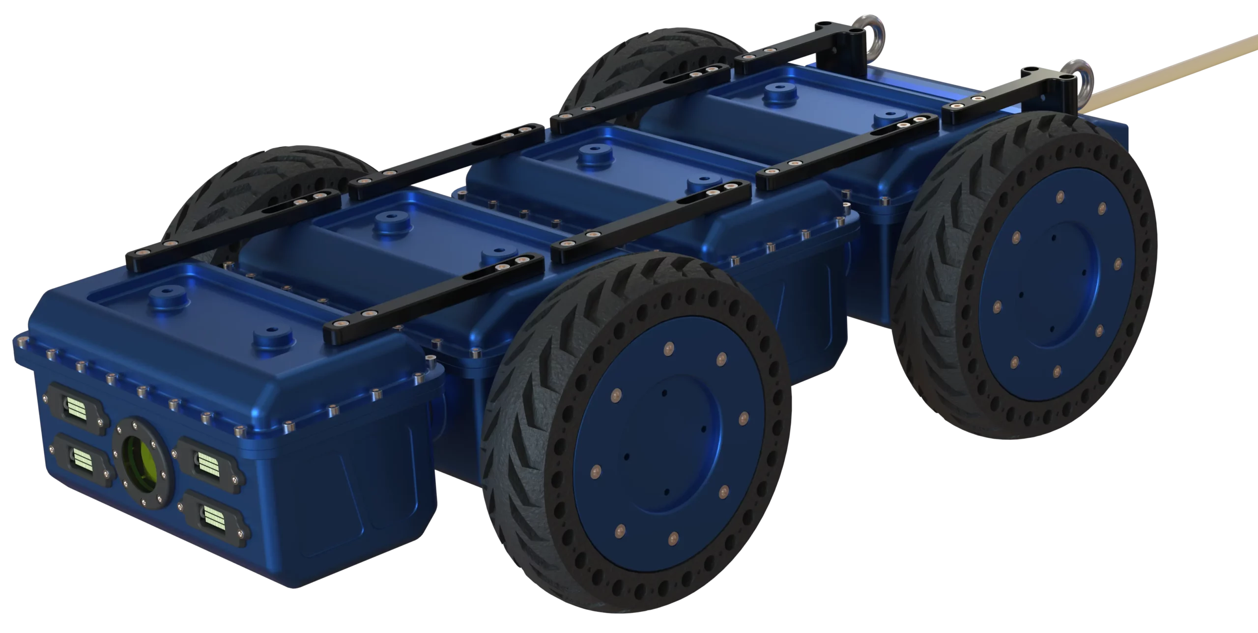 Rendu 3D du robot Modulo R développé par Sfynx Industry, un robot compact à quatre roues conçues pour la modularité et la mobilité en milieu industriel. Le châssis bleu est constitué de trois modules principaux reliés par des barres de renfort noires. À l’avant, une caméra centrale entourée de six projecteurs LED est intégrée pour la vision et l’éclairage. Les roues pleines à bande de roulement épaisse assurent la stabilité et la traction, tandis qu’une perche à l’arrière suggère une possibilité de remorquage ou de liaison avec d’autres modules.
