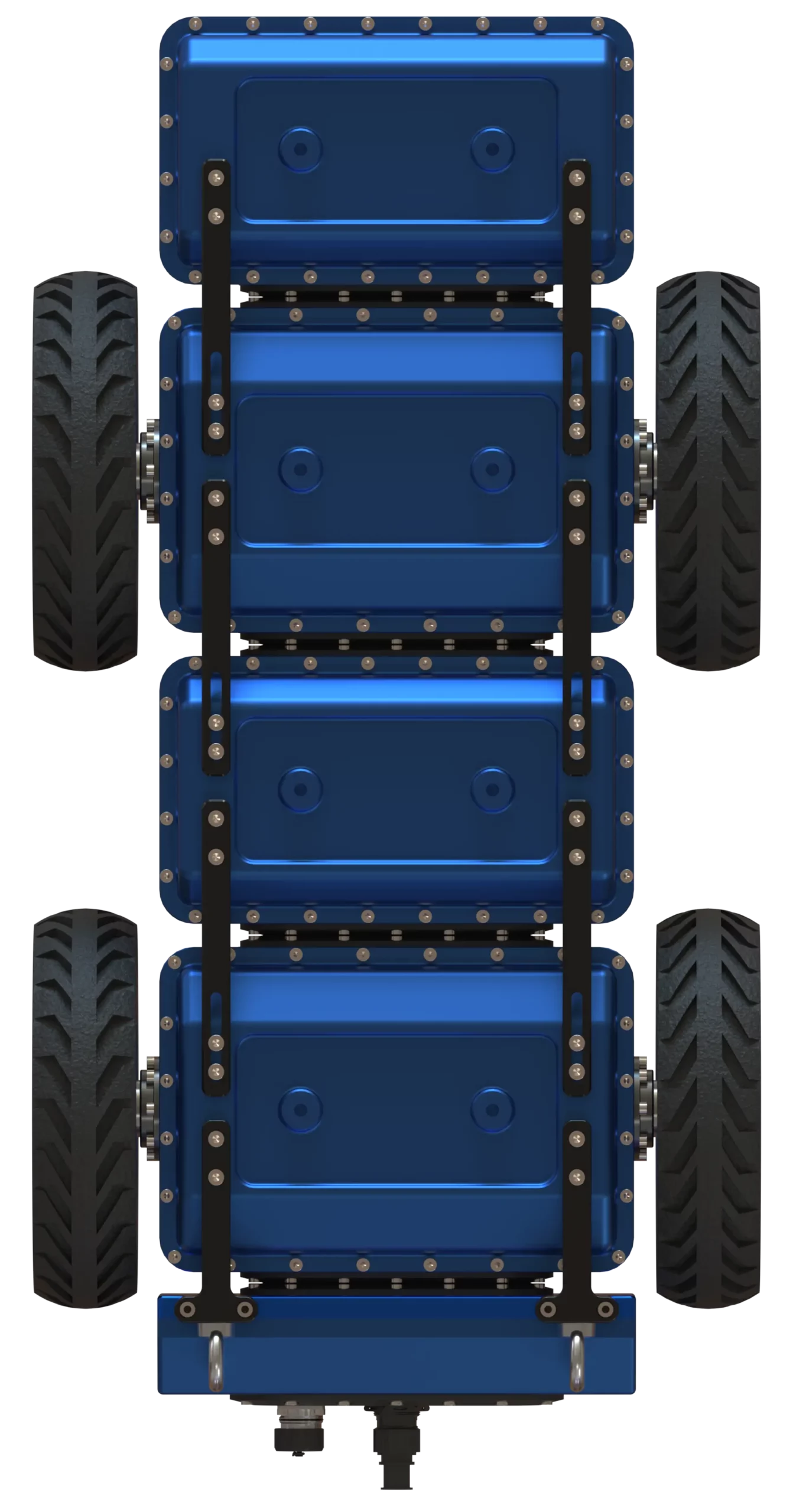 Rendu 3D du robot Modulo R développé par Sfynx Industry, présenté en vue de dessus. Le robot est constitué de trois modules bleus rectangulaires fixés entre eux par des barres métalliques noires rivetées, formant une structure linéaire et rigide. Chaque module possède des fixations apparentes et des trappes renforcées, typiques d’un design industriel étanche. Les quatre roues en caoutchouc, larges et crantées, encadrent la structure pour offrir une excellente stabilité. À l’arrière, des connecteurs mécaniques et électroniques indiquent une possibilité d’interconnexion ou d’extension modulaire.