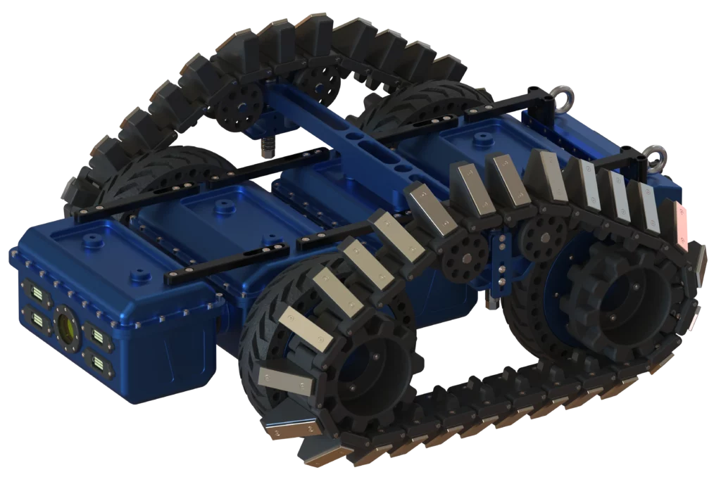 Rendu 3D du robot Modulo R développé par Sfynx Industry, équipé d’un système innovant de chenilles magnétiques. Le robot conserve son châssis modulaire bleu en trois segments, fixé par des barres noires robustes. À l’avant, la caméra centrale et les six projecteurs LED sont visibles. Les roues principales sont entourées de chenilles renforcées composées de maillons magnétiques argentés, permettant une adhérence exceptionnelle sur les surfaces métalliques. Cette configuration est conçue pour les interventions industrielles ou l’inspection en milieux confinés, notamment sur structures métalliques.