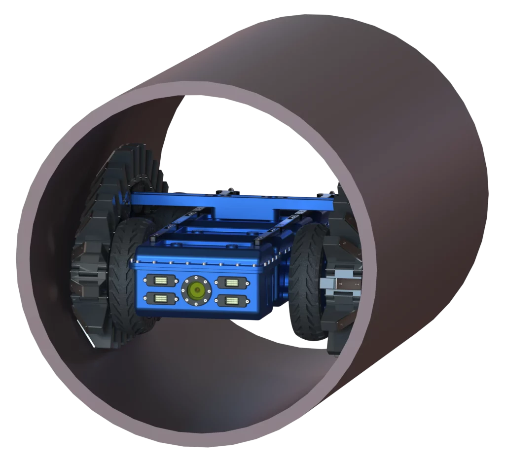 Rendu 3D du robot Modulo R de Sfynx Industry, représenté à l’intérieur d’un conduit métallique cylindrique. Le robot bleu est équipé de chenilles magnétiques qui lui permettent d’adhérer aux parois du tube, assurant stabilité et mobilité même en milieu vertical ou inversé. La caméra frontale et les six projecteurs LED assurent une visibilité optimale pour l’inspection interne. Cette vue illustre clairement l’adaptation du système modulaire et magnétique du robot aux opérations d’exploration, de maintenance et d’inspection dans des environnements industriels.