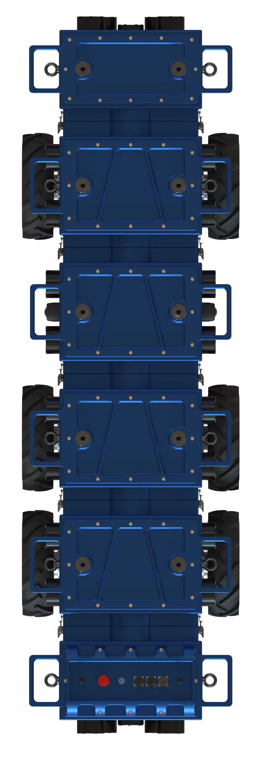 Rendu 3D du robot Modulo XL de Sfynx Industry vu de dessus. Le robot se compose de plusieurs modules bleus alignés, chacun équipé de poignées métalliques et de fixations apparentes. On distingue quatre grandes roues partiellement visibles sur les côtés et un module de commande à l’extrémité avec connecteurs et bouton rouge d’arrêt d’urgence. L’image illustre la conception modulaire et robuste du robot.