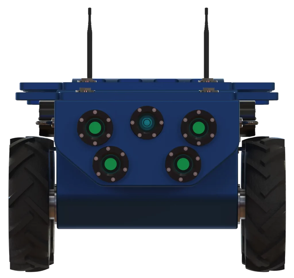 Rendu 3D du robot Modulo XL de Sfynx Industry vu de l’arrière. On distingue deux grandes roues à crampons et un panneau équipé de cinq capteurs circulaires verts disposés en motif triangulaire inversé. Deux antennes noires sont fixées sur le dessus du module arrière. L’image met en évidence la partie capteurs et communication du robot.
