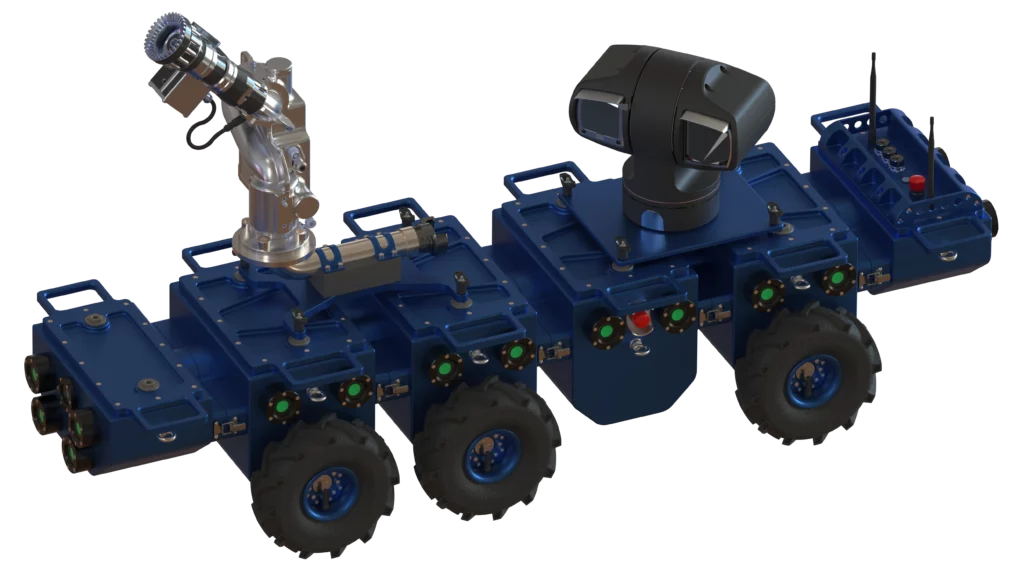 Rendu 3D du robot modulaire Modulo XL de Sfynx Industry, vu en perspective. Le robot bleu repose sur quatre grandes roues et comporte plusieurs modules reliés entre eux. Sur sa plateforme, un canon à eau argenté orientable est installé à l’avant, tandis qu’une tourelle vidéo noire est montée sur un module central. À l’arrière, deux antennes et un panneau de commande assurent la communication et le contrôle du système.