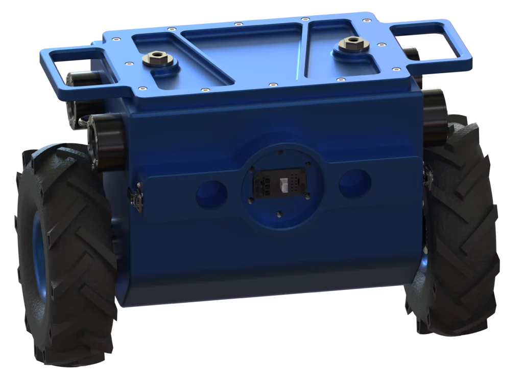 Rendu 3D d’un module individuel du robot Modulo XL de Sfynx Industry. Le module bleu est équipé de deux grandes roues crantées latérales et d’une structure métallique compacte. On distingue des poignées supérieures, des fixations mécaniques et un connecteur central à l’avant, destiné à l’alimentation et à la communication entre modules.