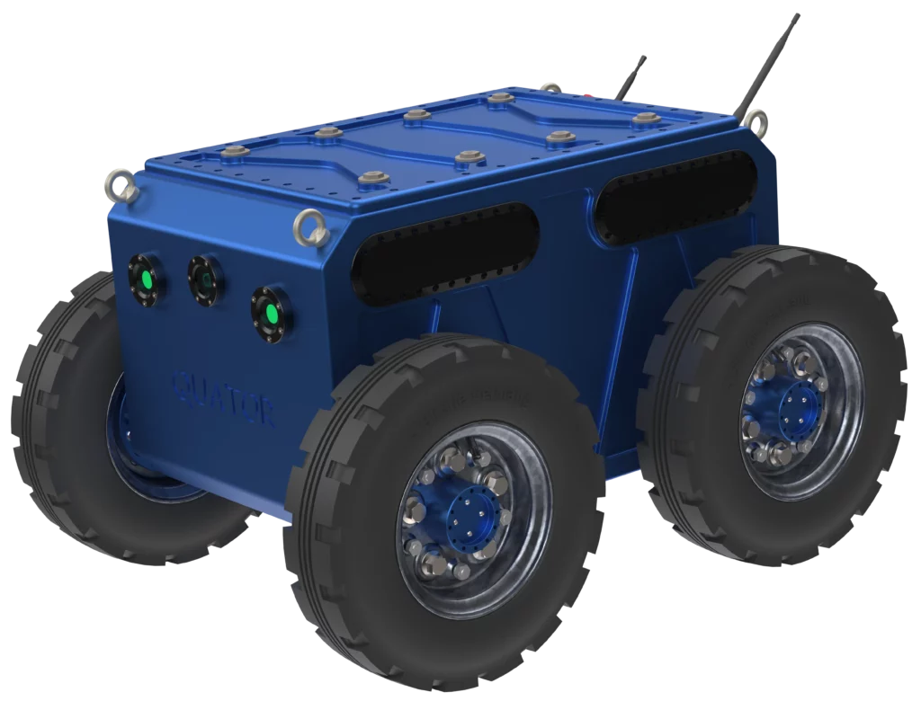 Rendu 3D du robot Quator de Sfynx Industry dans sa version à roues simples. Le modèle présente un châssis compact bleu renforcé, équipé de quatre grandes roues à profil industriel et de capteurs frontaux intégrés. Cette configuration de base met l’accent sur la mobilité et la robustesse du robot pour des applications tout-terrain ou industrielles.