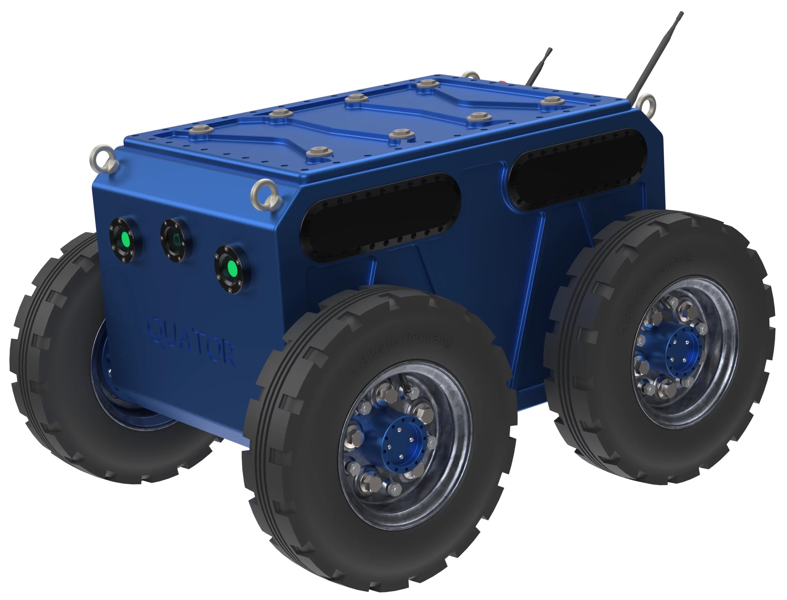 Rendu 3D du robot Quator de Sfynx Industry dans sa version à roues simples. Le modèle présente un châssis compact bleu renforcé, équipé de quatre grandes roues à profil industriel et de capteurs frontaux intégrés. Cette configuration de base met l’accent sur la mobilité et la robustesse du robot pour des applications tout-terrain ou industrielles.