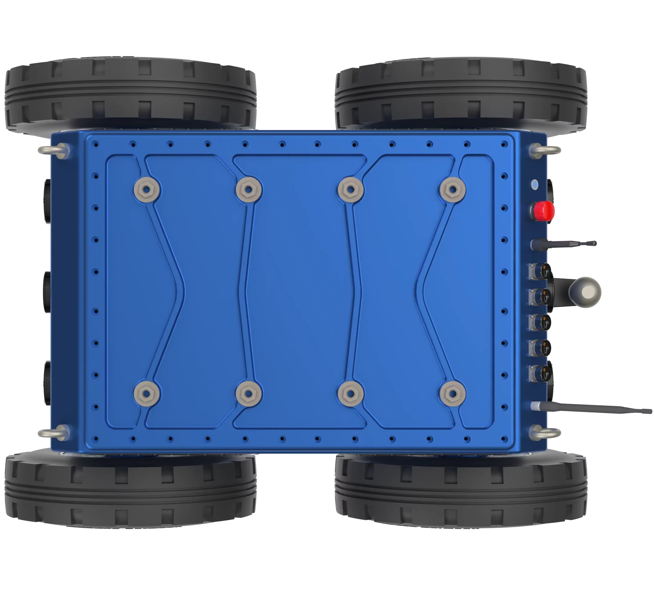 Rendu 3D du robot Quator conçu par Sfynx Industry, présenté en vue de dessus. Le châssis bleu métallique, solidement boulonné, montre une conception symétrique et épurée. Les quatre grandes roues sont positionnées aux extrémités, tandis que la face supérieure révèle les fixations modulaires et les points d’ancrage du système. Ce rendu illustre la structure compacte et industrielle du robot dans sa version à roues simples.