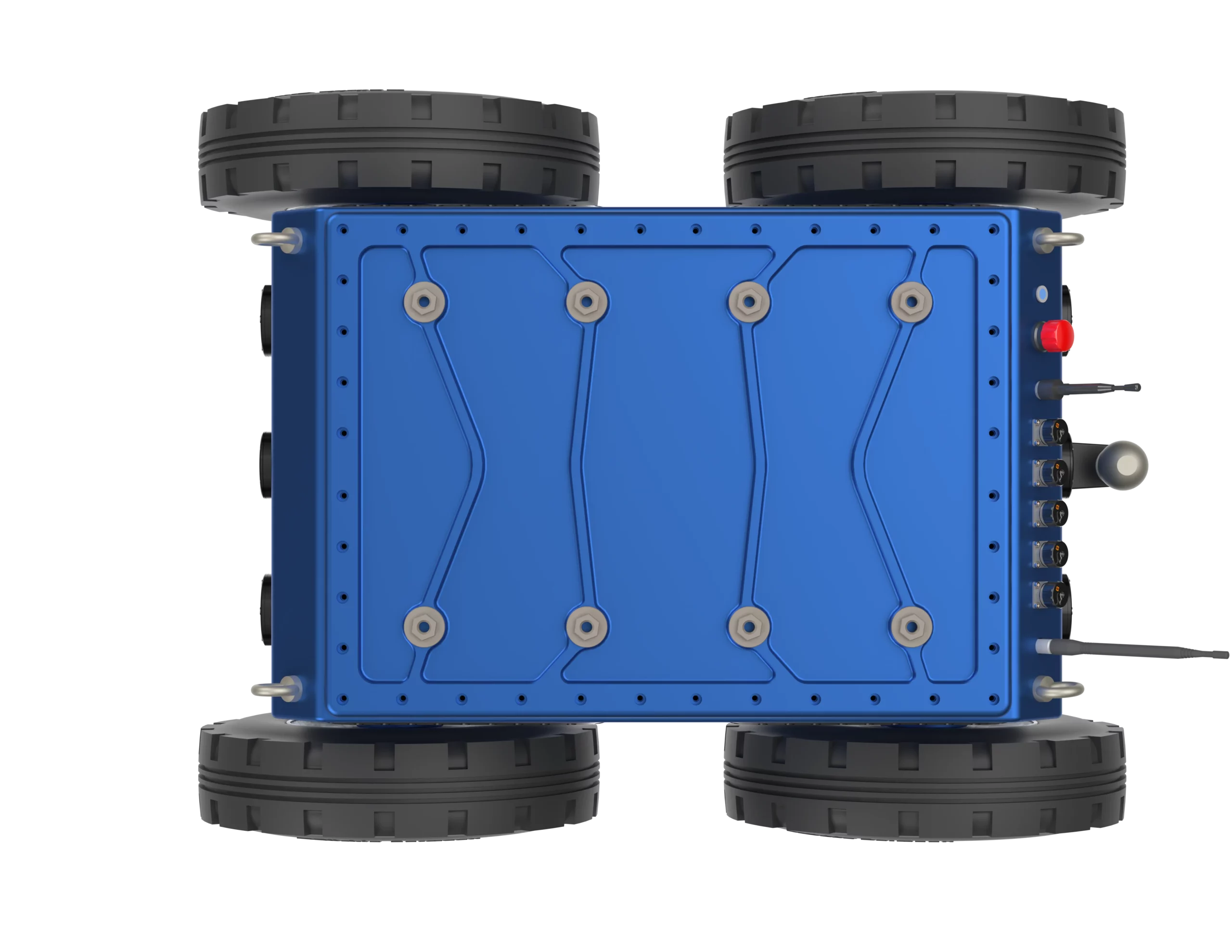 Rendu 3D du robot Quator conçu par Sfynx Industry, présenté en vue de dessus. Le châssis bleu métallique, solidement boulonné, montre une conception symétrique et épurée. Les quatre grandes roues sont positionnées aux extrémités, tandis que la face supérieure révèle les fixations modulaires et les points d’ancrage du système. Ce rendu illustre la structure compacte et industrielle du robot dans sa version à roues simples.