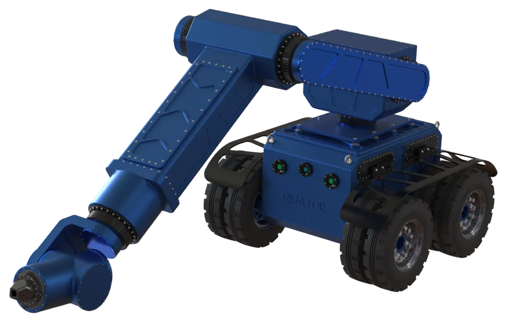 Rendu 3D du robot Quator développé par Sfynx Industry, présenté avec le bras articulé XL1 déployé vers l’avant. Ce bras mécanique, au design robuste et segmenté, est fixé sur le châssis à quatre roues jumelées du robot. Le rendu met en avant la précision des détails mécaniques et la modularité du système, conçu pour illustrer les capacités de levage, de manipulation et d’intervention en environnement industriel simulé.