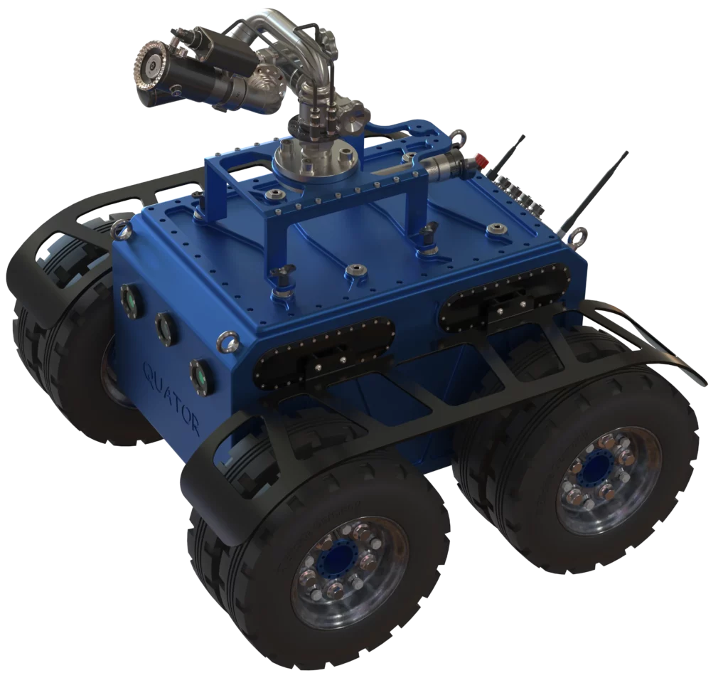 Rendu 3D du robot Quator développé par Sfynx Industry, représenté sous un angle supérieur mettant en évidence son canon à eau orientable installé sur la partie supérieure du châssis. Le robot repose sur quatre roues jumelées robustes et un cadre métallique renforcé. Le canon, composé de tuyaux en acier poli, de vannes et d’un dispositif de projection motorisé, illustre un système de pulvérisation précis et modulable. Ce rendu met en avant la conception industrielle du Quator dans une configuration dédiée aux opérations de nettoyage, d’extinction ou de maintenance à distance.