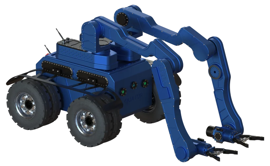 Rendu 3D du robot Quator développé par Sfynx Industry, équipé de deux bras articulés bleus terminés par des pinces mécaniques noires. Les bras sont déployés vers le sol, illustrant une phase d’intervention ou de saisie d’objets. Le châssis métallique bleu repose sur quatre roues doubles robustes, entourées de garde-boues noirs. Ce rendu met en avant la stabilité du robot et la précision de ses bras manipulateurs pour des tâches techniques ou industrielles.