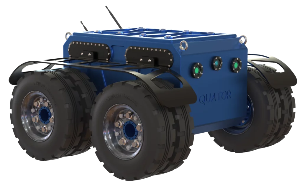 Rendu 3D du robot Quator de Sfynx Industry, équipé de quatre grandes roues doubles et d’un châssis robuste en aluminium bleu. Le design met en avant sa stabilité et sa puissance, idéales pour les applications industrielles tout-terrain.