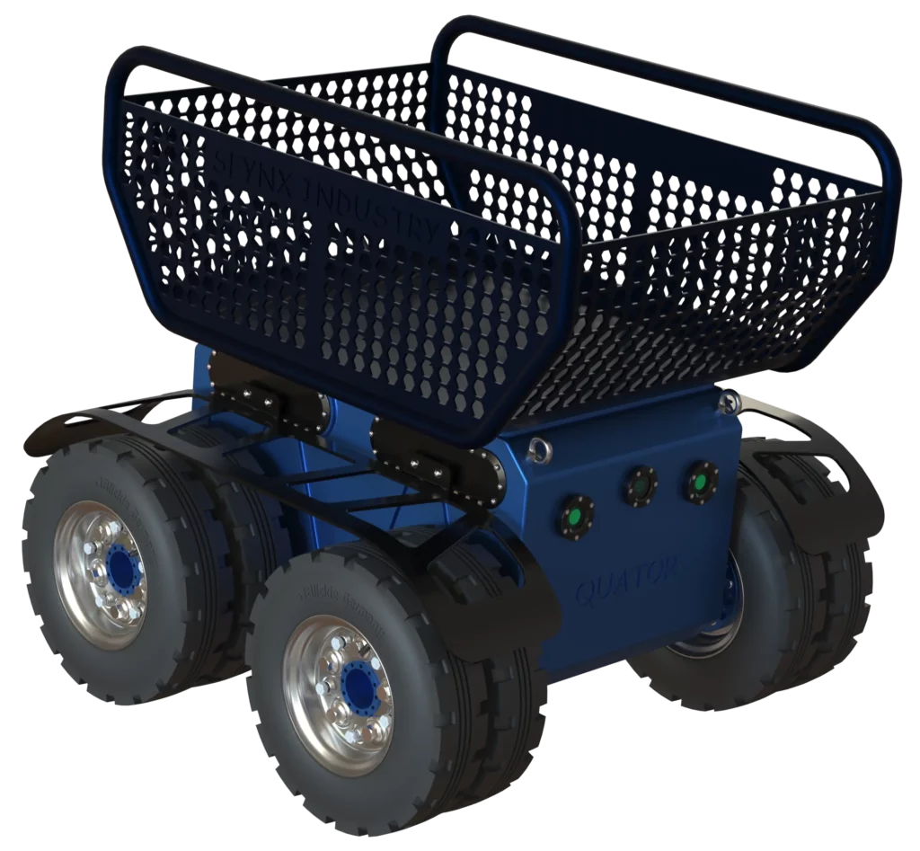 Vue 3D du robot Quator de Sfynx Industry est équipé d’un grand panier en métal perforé monté sur un châssis bleu. Conçu pour le transport de matériel, il repose sur quatre roues jumelées robustes offrant une bonne stabilité et une adhérence efficace sur terrain industriel.