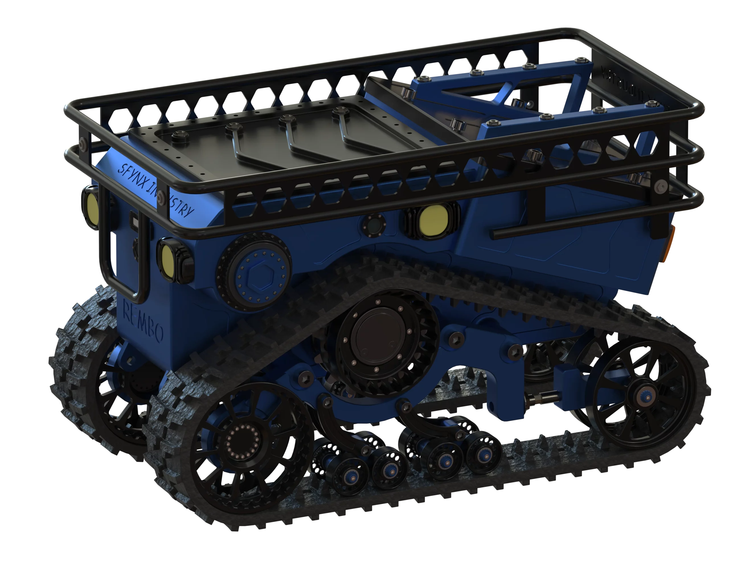Rendu 3D du robot Rembo de Sfynx Industry, un véhicule compact à chenilles conçu pour le transport et l’exploration en terrain difficile. Le châssis bleu est entouré d’une armature noire de protection, et l’on distingue des phares circulaires à l’avant ainsi qu’une plateforme supérieure pour le chargement ou l’intégration d’équipements.