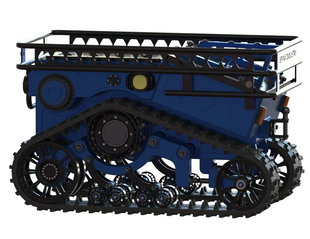 Rendu 3D du robot Rembo de Sfynx Industry vu de côté. Le robot est équipé d’un système de chenilles complet avec plusieurs galets porteurs et roues motrices, offrant une excellente traction. Sa structure bleue robuste est entourée d’un cadre noir de protection, et des phares ronds jaunes sont visibles à l’avant pour l’éclairage.