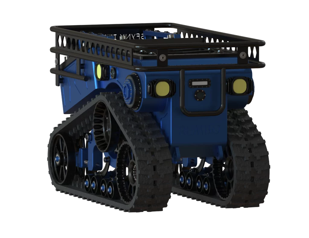 Rendu 3D du robot Rembo de Sfynx Industry vu depuis l’arrière. Le robot bleu présente deux larges chenilles enveloppantes et un châssis compact. Une barre de protection noire encadre la partie supérieure, et l’arrière est équipé de phares circulaires jaunes ainsi que d’un capteur central.