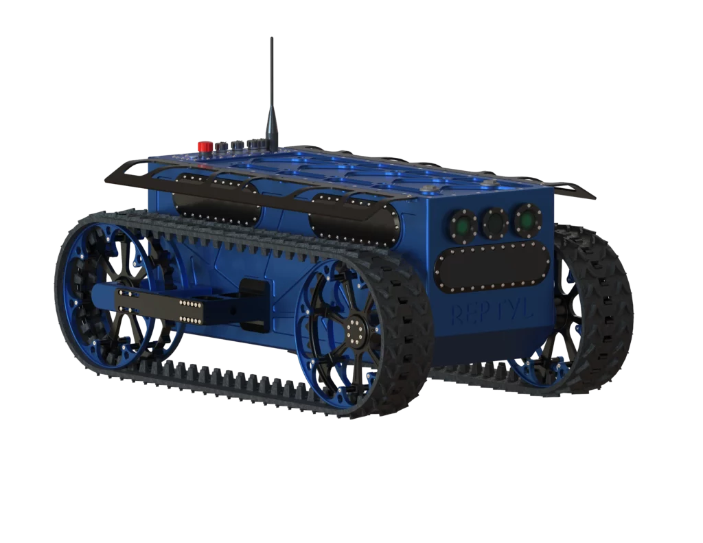 Rendu 3D du robot Reptyl développé par Sfynx Industry, présenté dans sa version originale sans module additionnel. Le robot, de couleur bleue, est équipé d’un châssis compact monté sur des chenilles renforcées pour évoluer sur des terrains difficiles. Ses capteurs frontaux et antennes assurent la communication et la navigation autonome. Ce rendu illustre la base standard du Reptyl, conçue pour recevoir différents équipements modulaires selon les besoins opérationnels.