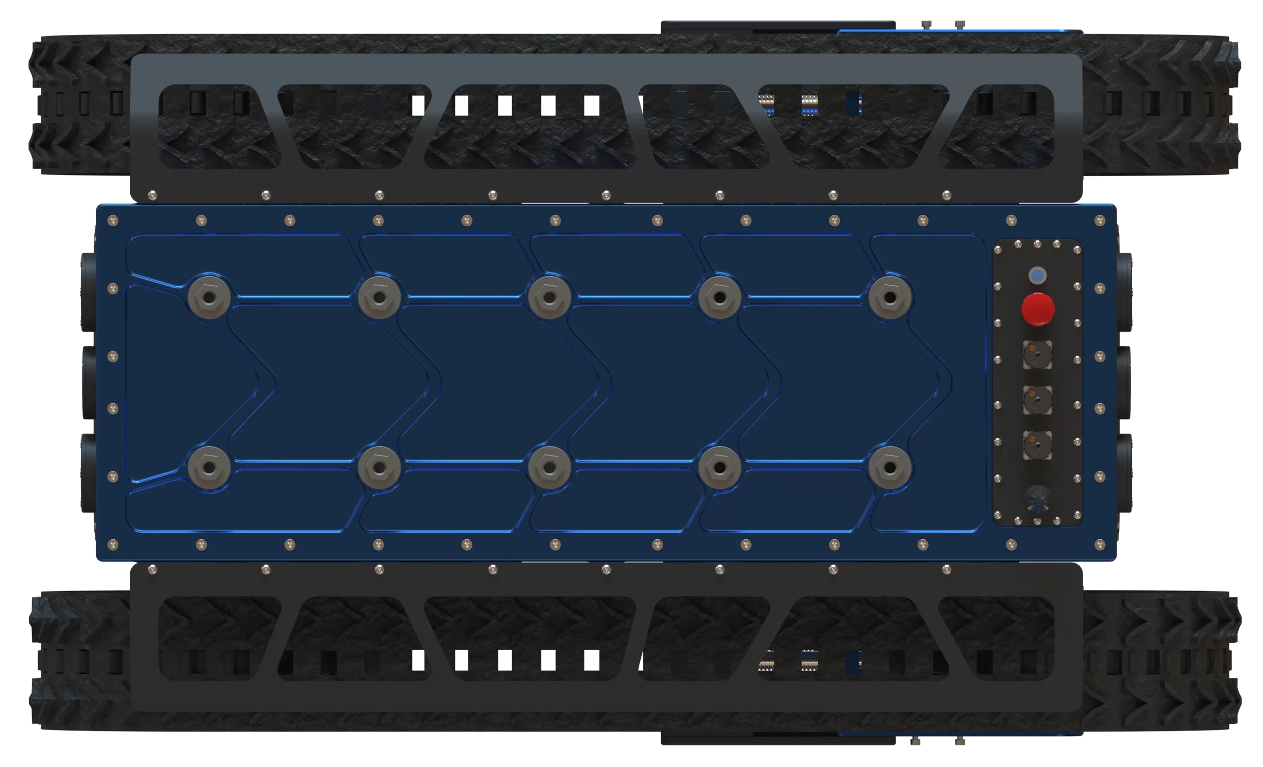 Vue de dessus du robot Reptyl développé par Sfynx Industry, illustrant son châssis bleu métallique et ses chenilles robustes. On distingue clairement la plaque supérieure fixée par des boulons hexagonaux, les protections latérales en métal ajouré et les connecteurs de commande situés à l’arrière, dont un bouton d’arrêt d’urgence rouge. Ce rendu 3D met en valeur la symétrie et la conception modulaire du robot, pensée pour une intégration aisée d’équipements industriels.