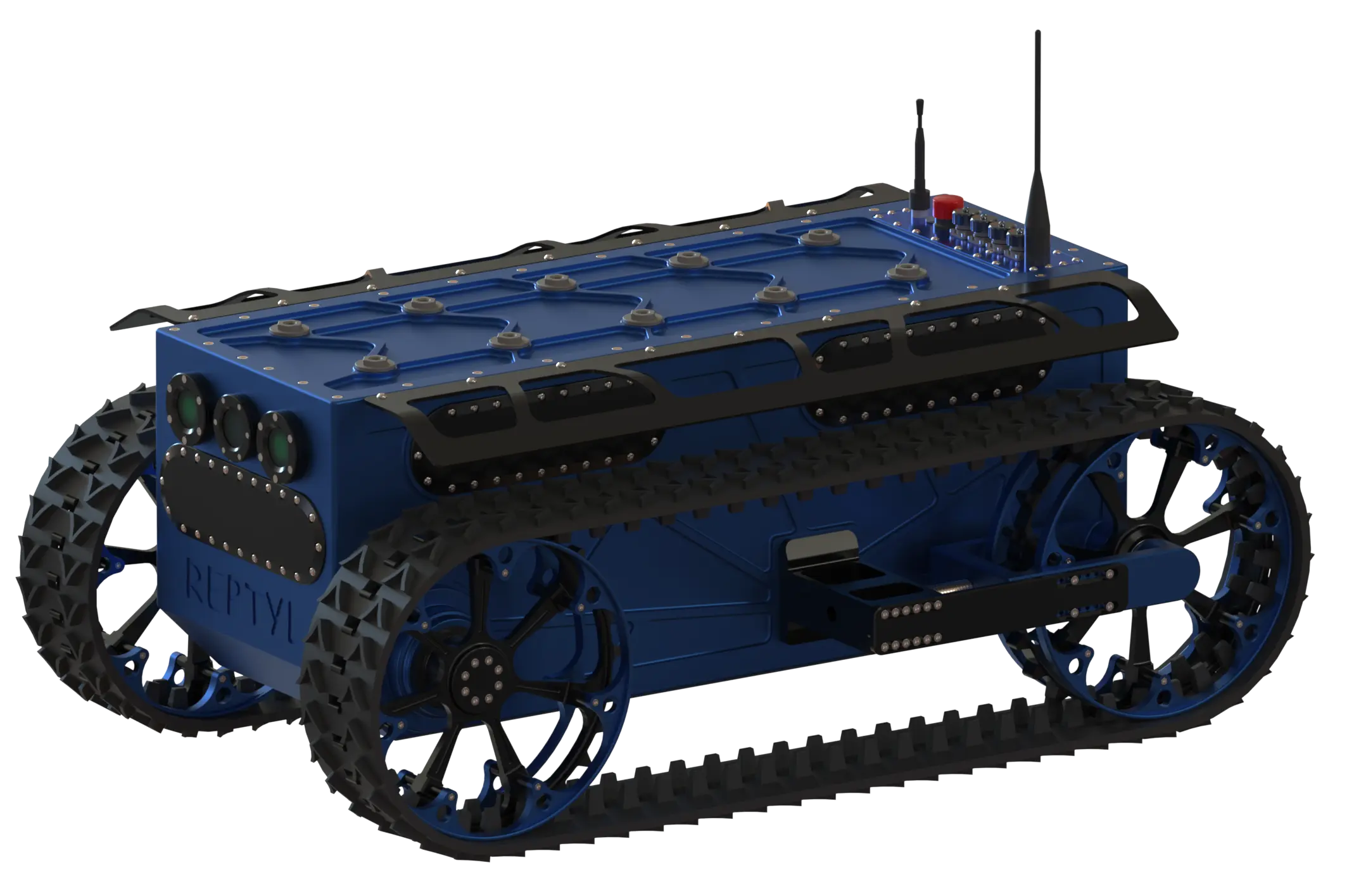 Rendu 3D du robot Reptyl développé par Sfynx Industry, montré en vue arrière et latérale. Ce modèle compact à chenilles bleues présente un châssis robuste avec des protections métalliques noires rivetées sur les côtés. À l’arrière, on distingue les antennes de communication et les connecteurs de contrôle. Ce rendu met en évidence la conception industrielle et modulaire du Reptyl, pensée pour les environnements exigeants et les interventions sur terrain complexe.