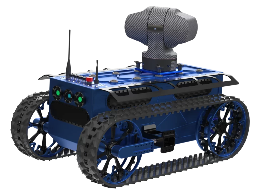 Rendu 3D du robot Reptyl de Sfynx Industry, présenté avec une tourelle vidéo motorisée montée sur sa partie supérieure. Le châssis bleu à chenilles est surmonté d’un dôme gris texturé en fibre de carbone abritant un système de caméras et de capteurs panoramiques. À l’avant, trois capteurs circulaires sont alignés, accompagnés de connecteurs et d’antennes de communication. Cette configuration met en valeur la capacité du Reptyl à effectuer de la surveillance mobile et de l’inspection visuelle dans des environnements industriels exigeants.