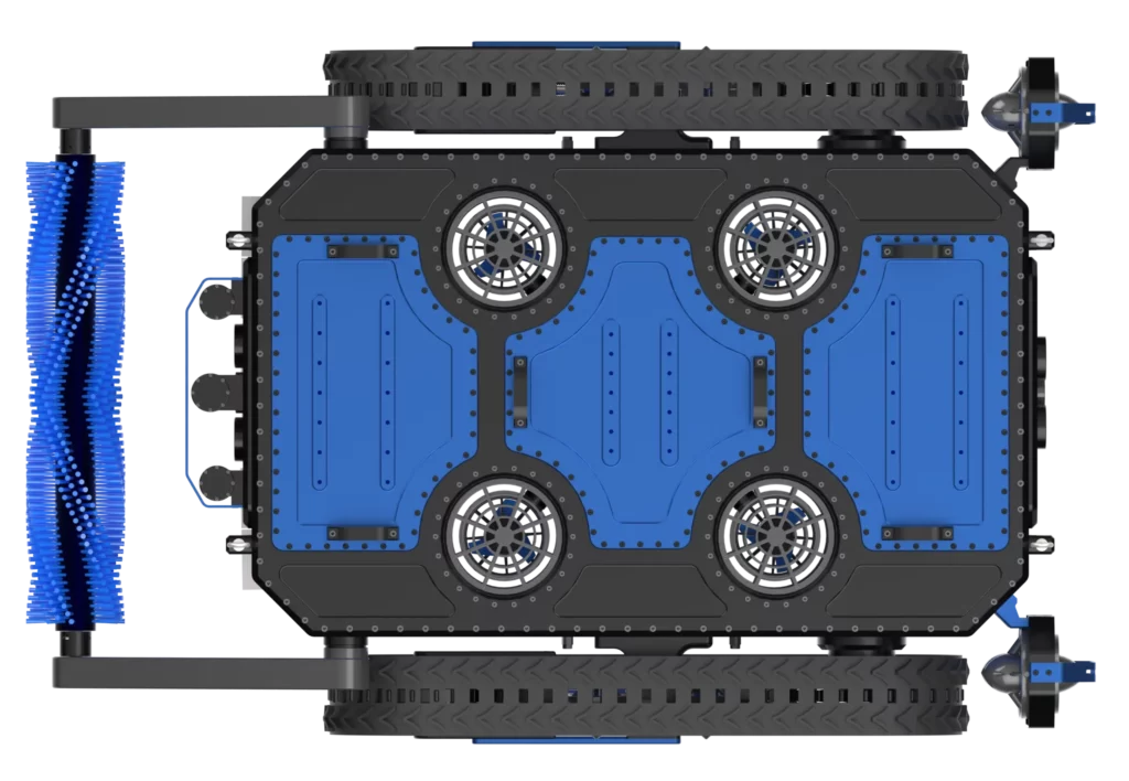 Ce rendu 3D présente une vue de dessus du robot sous-marin Arius, développé par Sfynx Industry. On distingue clairement la structure rectangulaire bleue et noire du robot, équipée de quatre propulseurs circulaires intégrés pour une manœuvrabilité précise sous l’eau. À l’avant, une brosse rotative bleue permet le nettoyage des surfaces subaquatiques telles que les parois de bassins, coques de navires ou structures portuaires. Cette configuration met en avant l’ingénierie robuste et modulaire du robot, conçue pour des interventions autonomes ou téléopérées en milieu marin.