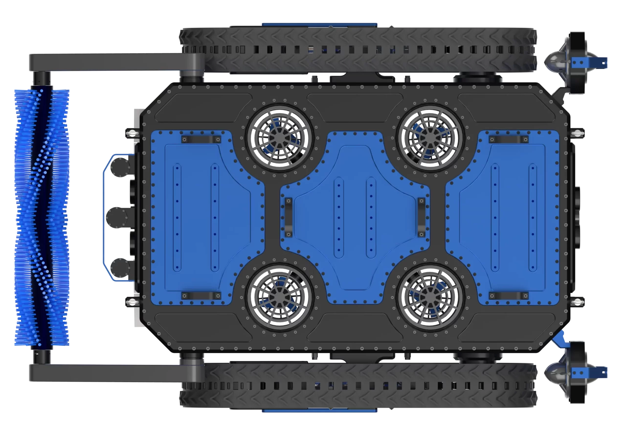 Ce rendu 3D présente une vue de dessus du robot sous-marin Arius, développé par Sfynx Industry. On distingue clairement la structure rectangulaire bleue et noire du robot, équipée de quatre propulseurs circulaires intégrés pour une manœuvrabilité précise sous l’eau. À l’avant, une brosse rotative bleue permet le nettoyage des surfaces subaquatiques telles que les parois de bassins, coques de navires ou structures portuaires. Cette configuration met en avant l’ingénierie robuste et modulaire du robot, conçue pour des interventions autonomes ou téléopérées en milieu marin.