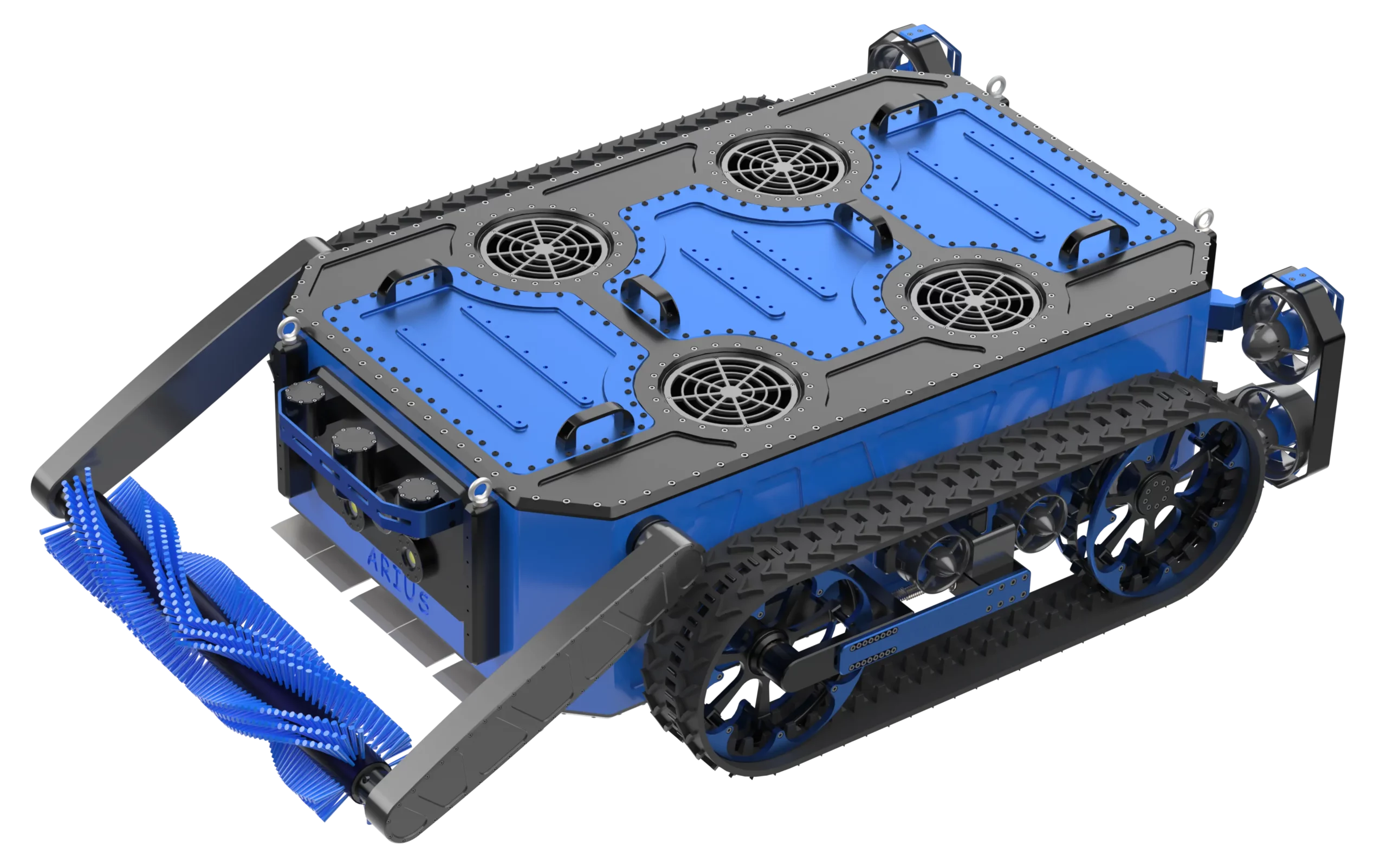Rendu 3D du robot sous-marin Arius, produit par Sfynx Industry, vu en perspective. Ce modèle illustre la configuration complète du robot, équipé de chenilles latérales pour l’adhérence sur les surfaces immergées, d’une brosse rotative frontale bleue pour le nettoyage, et de propulseurs multiples intégrés sur la partie supérieure pour la stabilisation et la manœuvre sous l’eau. La conception robuste et modulaire met en évidence la polyvalence du robot pour des opérations de maintenance, d’inspection et de décontamination sous-marines dans des environnements industriels exigeants.