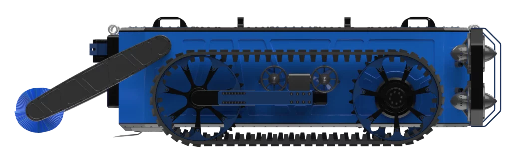 Rendu 3D latéral du robot sous-marin Arius conçu par Sfynx Industry. Le modèle met en avant ses chenilles motrices, sa brosse avant rotative et ses propulseurs arrières, éléments clés pour le nettoyage et la propulsion sous-marine.