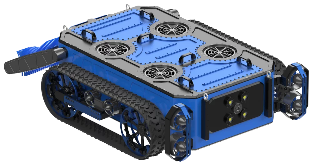 Rendu 3D du robot sous-marin Arius développé par Sfynx Industry. Le visuel montre ses chenilles motrices, ses propulseurs directionnels et ses grilles de protection supérieures, illustrant un design robuste pour les missions de nettoyage et d’exploration sous-marine.