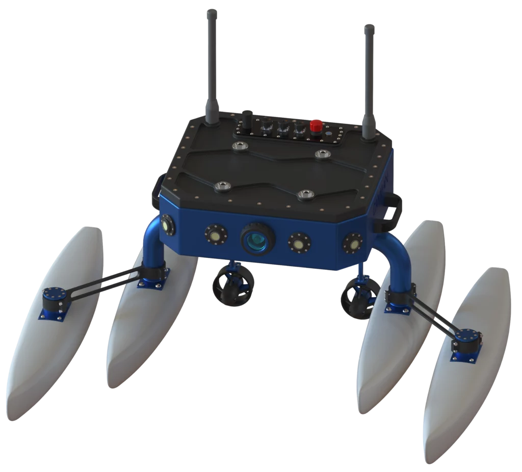 CAYMAN – robot aquatique téléguidé Sfynx Industry en version double coques, avec flotteurs, caméras frontales et propulseurs directionnels.