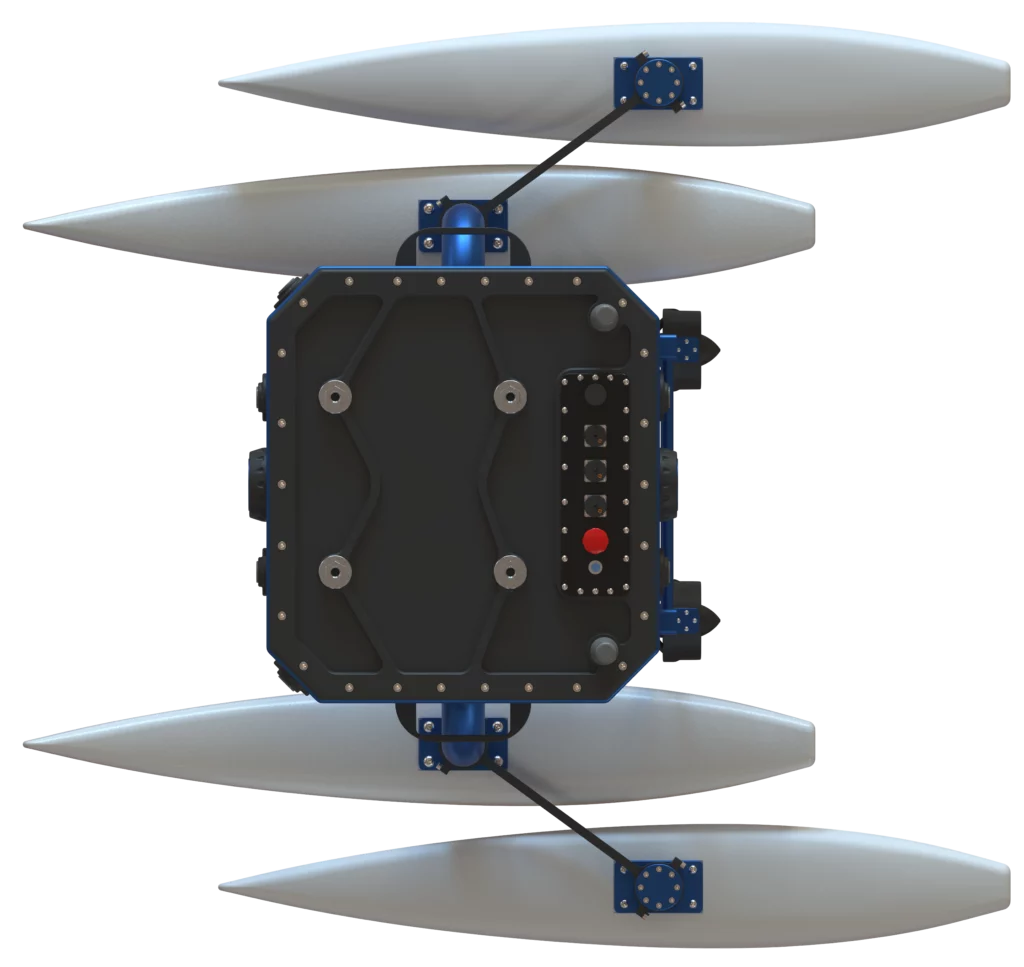 CAYMAN – robot aquatique Sfynx Industry vu de dessus, version double coques avec flotteurs stabilisateurs et module électronique central.