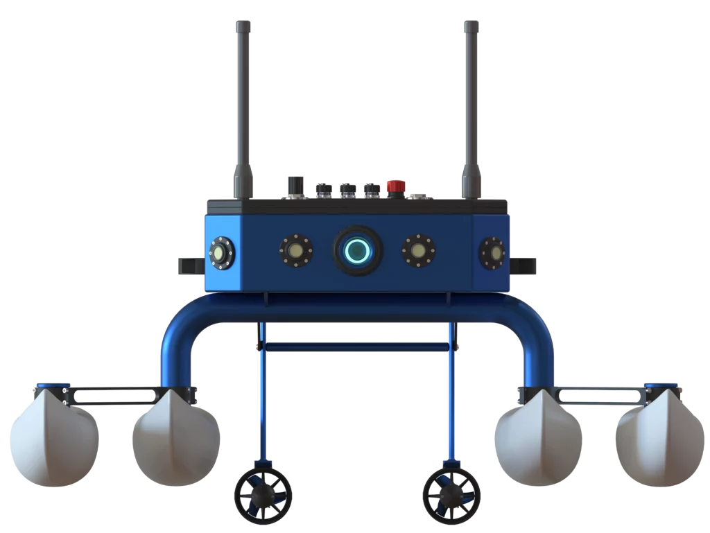 Robot aquatique CAYMAN double coques – vue frontale montrant les flotteurs, les capteurs, la caméra centrale et les antennes.