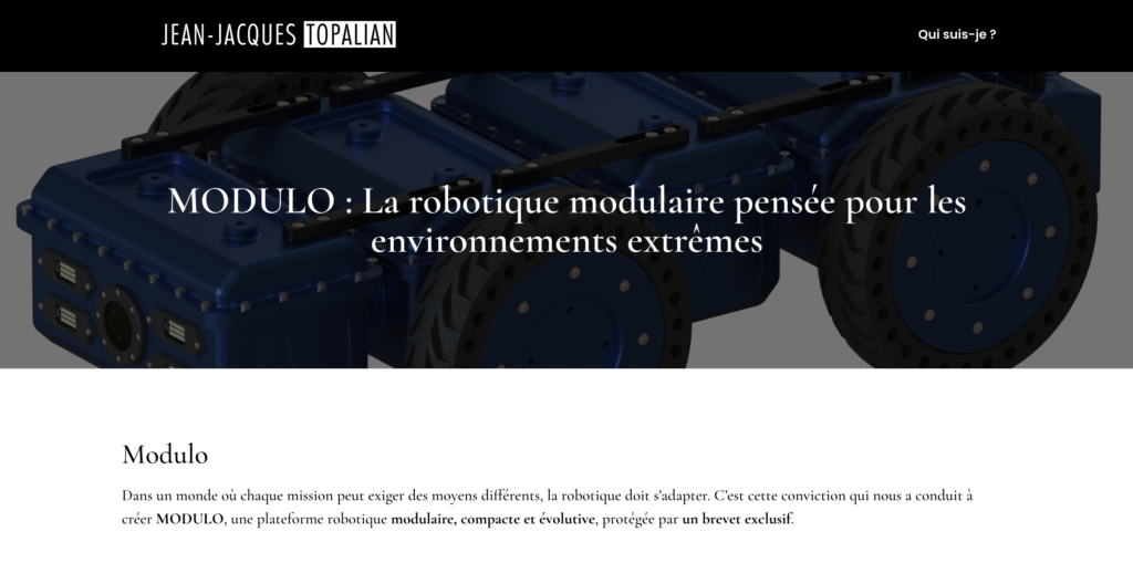 Image d’en-tête de l’article “MODULO : La robotique modulaire pensée pour les environnements extrêmes”, montrant le robot Modulo de Sfynx Industry en gros plan sur ses modules et ses roues robustes.