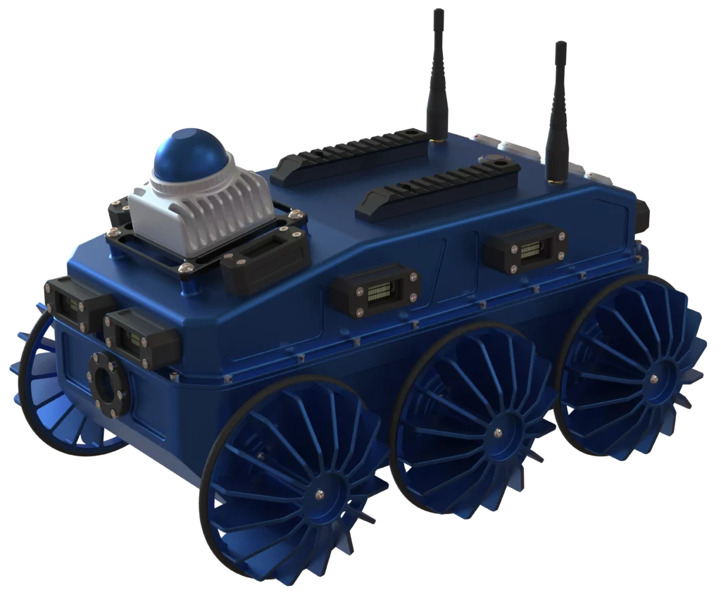 Vue en perspective du robot terrestre BOA V2 de Sfynx Industry, équipé de six roues, d’un dôme capteur et de deux antennes de communication.